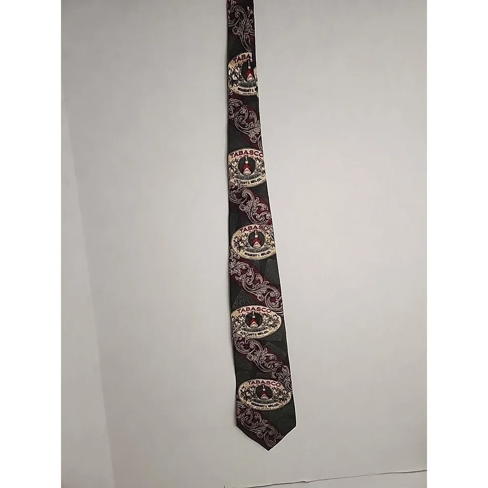Men's Tabasco Novelty 100% Silk Hot Sauce Tie  Olive Green and Red VGC